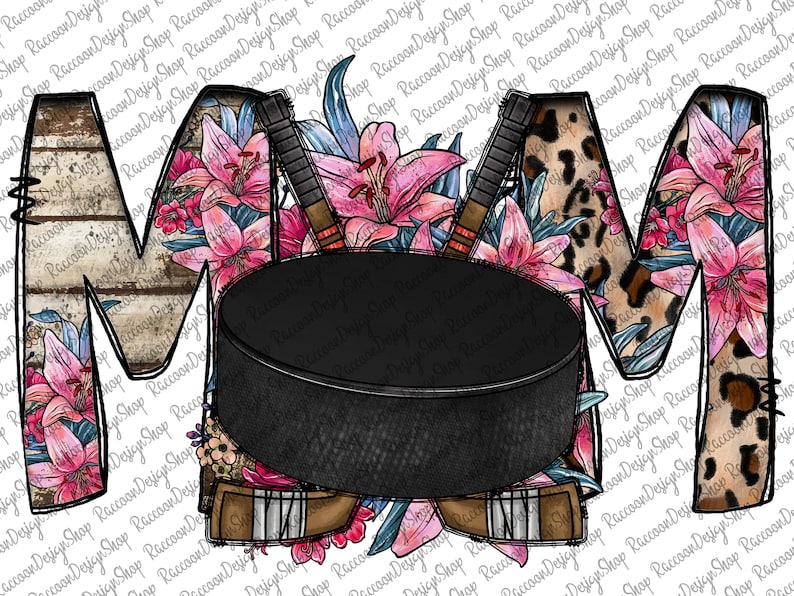 May include: A black hockey puck with two hockey sticks crossed behind it. The sticks are decorated with pink flowers and green leaves. The background is a white surface with the letters "M" on either side of the puck. The "M" on the left is made of wood and the "M" on the right is made of leopard print.
