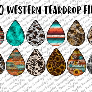 Pu&ograve; includere: Trenta file digitali a forma di goccia a tema western. I design includono i colori turchese, marrone, bianco, nero e arancione. I design presentano motivi come pelle di mucca, girasoli e motivi del sud-ovest.