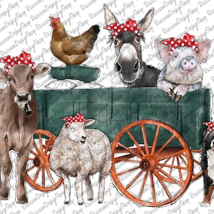May include: A green wagon with red wheels is pulled by a brown cow, a donkey, a pig, a sheep, and a Bernese Mountain dog. Each animal is wearing a red and white polka dot bandana.