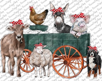 Farm Animals Wagon Watercolor,  Farmer Png, Farmer Design, Farm Watercolor Clipart, Farm clipart, Farm Animals Clipart, Sublimation Design