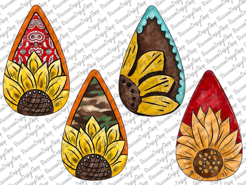 May include: Four teardrop-shaped earring blanks with a watercolor design. Each blank features a yellow sunflower with brown and red accents. The blanks have different backgrounds: red, blue, camouflage, and a red bandana pattern.