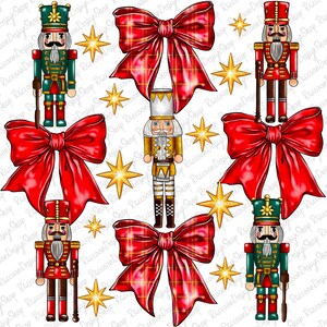 May include: A festive digital design featuring several nutcrackers in red, green, and gold, along with red plaid bows and gold star accents. This design is perfect for holiday-themed crafts and decorations.