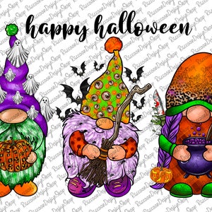 May include: Three Halloween gnomes with different costumes. The first gnome is wearing a purple hat with white ghosts, a green and white shirt, and is holding a pumpkin. The second gnome is wearing a green hat with eyes, a purple and white shirt, and is holding a broom. The third gnome is wearing a brown and orange hat with leopard print, a purple shirt, and is holding a cauldron. The text "happy halloween" is written above the gnomes.