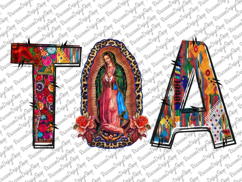 Puede incluir: Letras coloridas y estampadas "T", "A" y "A" con una imagen religiosa de la Virgen Mar&iacute;a en el centro. La imagen est&aacute; rodeada de un marco de estampado de leopardo y rosas rojas.