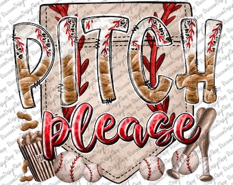 May include: A baseball-themed graphic with the words "Pitch Please" in red and white lettering. The graphic features a baseball mitt, baseball bats, baseballs, and peanuts in a popcorn bucket.