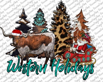 May include: A festive Western-themed Christmas design featuring a longhorn steer, a Santa Claus in a sleigh, and a turquoise and brown Christmas tree. The text "Western Holidays" is written in turquoise lettering.