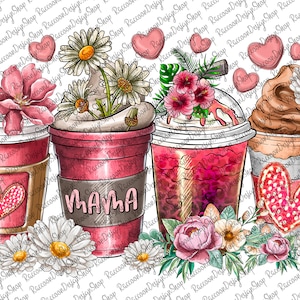 May include: Three colorful coffee cups with floral decorations. The cup on the left has a pink heart and the text "MAMA" is on the cup in the middle. The cup on the right has a brown heart.