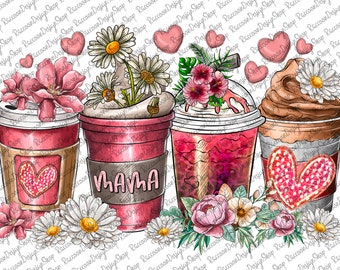 May include: Three colorful coffee cups with floral decorations. The cup on the left has a pink heart and the text "MAMA" is on the cup in the middle. The cup on the right has a brown heart.