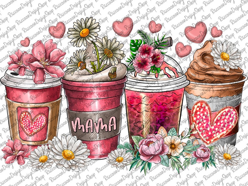 May include: Three colorful coffee cups with floral decorations. The cup on the left has a pink heart and the text "MAMA" is on the cup in the middle. The cup on the right has a brown heart.