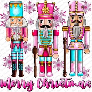 May include: Three pink and blue Christmas nutcracker figurines with gold accents. The nutcrackers are standing in front of a white background with pink snowflakes. The text "Merry Christmas" is written in pink letters at the bottom of the image.