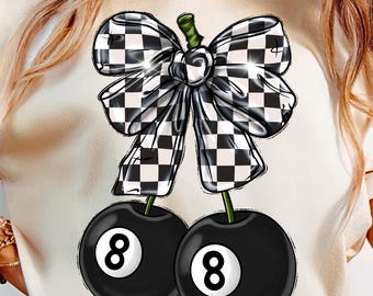 May include: A white t-shirt with a black and white checkered bow with two black cherries with the number 8 on them.