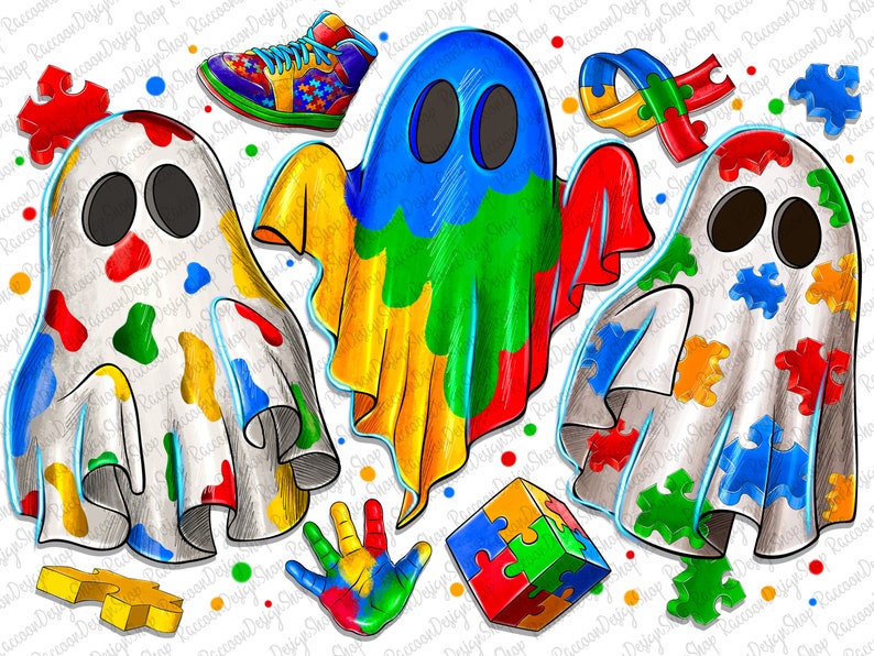 Pode incluir: Tr&ecirc;s fantasmas brancos com padr&otilde;es de pe&ccedil;as de quebra-cabe&ccedil;a em azul, verde, amarelo, vermelho e laranja. Um fantasma tem um padr&atilde;o azul, verde, amarelo e vermelho. Um fantasma tem um padr&atilde;o vermelho, amarelo, azul e verde. Um fantasma tem um padr&atilde;o azul, amarelo, vermelho e verde. H&aacute; uma impress&atilde;o de m&atilde;o com o mesmo padr&atilde;o de pe&ccedil;a de quebra-cabe&ccedil;a, um sapato com um padr&atilde;o de pe&ccedil;a de quebra-cabe&ccedil;a e um cubo de pe&ccedil;a de quebra-cabe&ccedil;a.