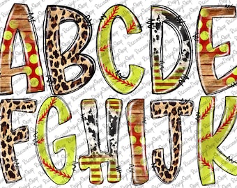 Softball Letters PNG with Leopard and Ball Stitching Background Pattern Fills, Chenille, Sports Clipart Alphabet Font for Digital Download