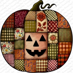 May include: A patchwork pumpkin design with a carved jack-o'-lantern face. The pumpkin is composed of various fabric patterns in shades of orange, green, red, and brown. A green stem and curly vine top the pumpkin, perfect for fall decor.