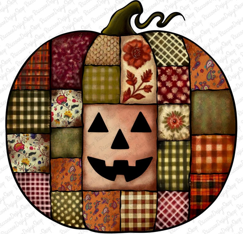 May include: A patchwork pumpkin design with a carved jack-o'-lantern face. The pumpkin is composed of various fabric patterns in shades of orange, green, red, and brown. A green stem and curly vine top the pumpkin, perfect for fall decor.
