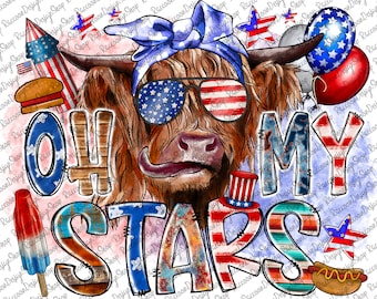 Oh My Stars, fondo de vaca del 4 de julio del oeste en formato PNG, diseño de sublimación de vaca, fondo de bandera estadounidense en formato PNG, vaca girasol en formato PNG, descarga digital