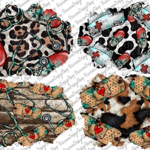 May include: Four digital paper designs featuring a medical theme. The designs include a leopard print with stethoscopes and pills, a cow print with nurse hats and pills, a woodgrain background with stethoscopes and bandages, and a brown and white animal print with bandages.