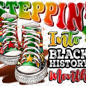 Puede incluir: Un par de zapatillas coloridas con una estrella roja en cada zapato. Las zapatillas están sobre un fondo blanco con las palabras "STEPPIN' Into BLACK HISTORY Month" en un arcoíris de colores.