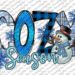 May include: Blue, white, and black plaid letters spelling "Cozy Season" with a snowman and snowflakes.