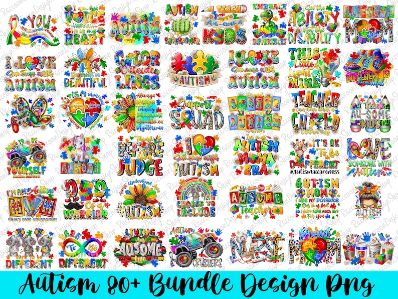 May include: A collection of 80+ digital designs featuring colorful illustrations and text related to autism awareness. The designs include phrases like "Autism Superpower", "I Love Someone with Autism", "Autism Mom", and "It's Ok to be Different".