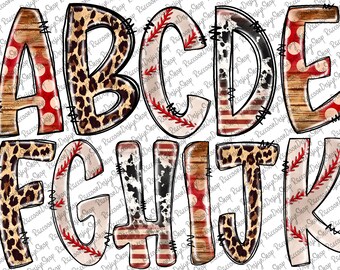 Baseball Alphabet Buchstaben PNG Bundle, Baseball Sport Doodle Buchstaben, Handgezeichnetes Alphabet Doodle, Sublimation Alpha Set Designs PNG, Baseball
