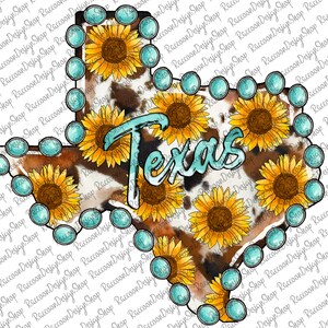 Puede incluir: Un patr&oacute;n de piel de vaca marr&oacute;n y blanco en forma del estado de Texas, rodeado de piedras de imitaci&oacute;n de color azul turquesa. La palabra "Texas" est&aacute; escrita en una fuente de color azul turquesa en el centro del dise&ntilde;o. El fondo es blanco.