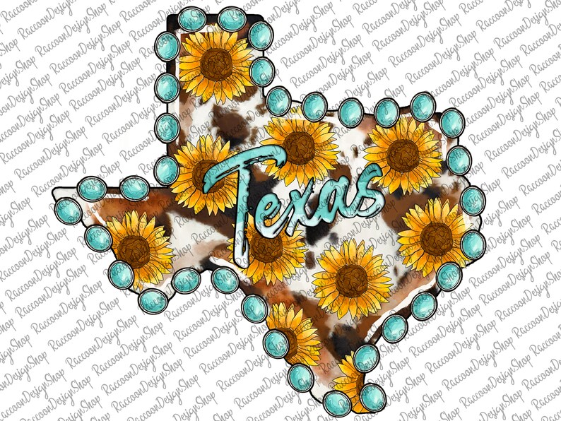 Puede incluir: Un patr&oacute;n de piel de vaca marr&oacute;n y blanco en forma del estado de Texas, rodeado de piedras de imitaci&oacute;n de color azul turquesa. La palabra "Texas" est&aacute; escrita en una fuente de color azul turquesa en el centro del dise&ntilde;o. El fondo es blanco.