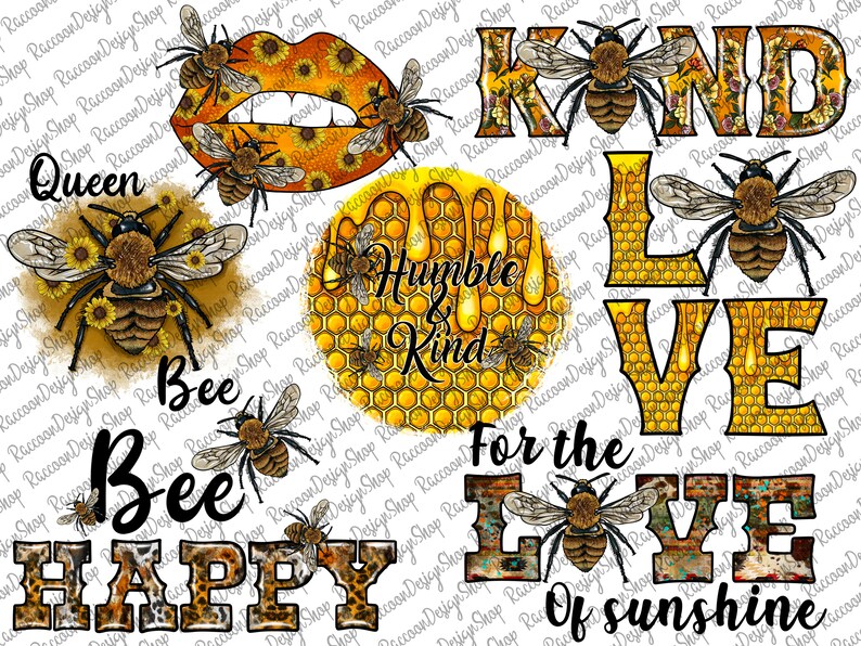 Op de afbeelding: Een digitale collage van bij-themaontwerpen met tekst die "Queen Bee", "Humble & Kind", "Kind", "Love", "For the Love of Sunshine" en "Happy" luidt. De ontwerpen bevatten bijen, honingraten, zonnebloemen en een luipaardprint.