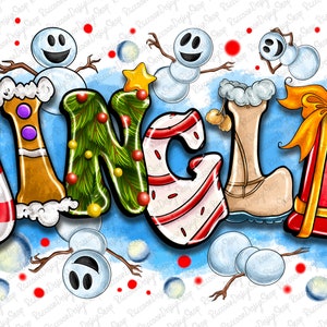 May include: A colorful graphic with the word "JINGLE" in festive lettering. The letters are designed with holiday themes, including a candy cane, Christmas tree, and wrapped gift. Snowmen and snowflakes are scattered around the word.