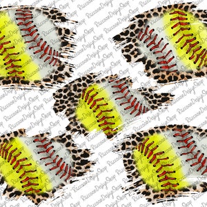Peut inclure: Un motif sans couture représentant des balles de softball jaunes et blanches avec des coutures rouges. Les balles de softball sont sur un fond de léopard brun et noir avec des éclaboussures de peinture blanche.