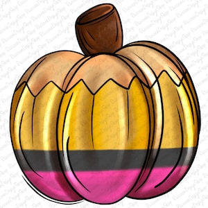 May include: A gold, black and pink pumpkin with a brown stem. The pumpkin is painted to look like a pencil.