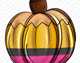 May include: A gold, black, and pink pumpkin with a brown stem. The pumpkin is painted to look like a pencil.