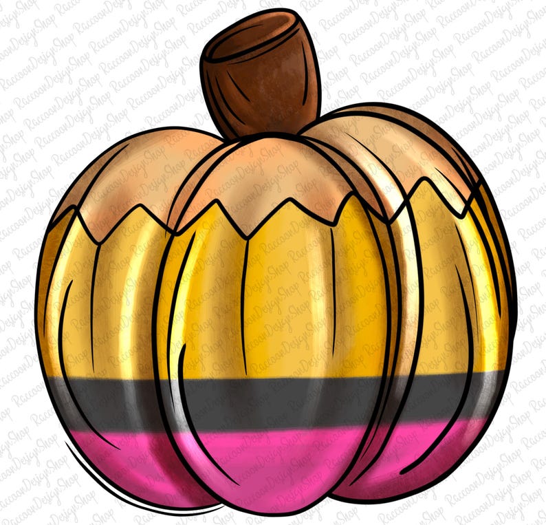 May include: A gold, black and pink pumpkin with a brown stem. The pumpkin is painted to look like a pencil.