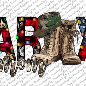 May include: Red and green plaid letters spelling "ARMY MOM" with a camouflage hat and boots. The letters are decorated with Christmas lights.