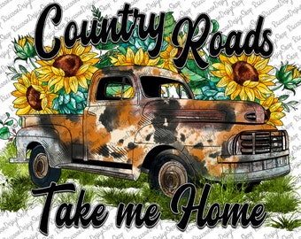 May include: A vintage, rusty, brown pickup truck with a black and white camouflage pattern is filled with sunflowers. The truck is on a bed of green grass with the words "Country Roads Take me Home" in black lettering.