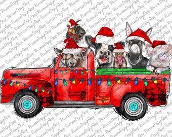Può includere: Un camioncino rosso vintage con un cassone bianco, decorato con luci natalizie, è pieno di animali da fattoria che indossano cappelli di Babbo Natale. Una capra, una mucca, un asino e un maiale guardano tutti fuori dal cassone del camioncino.