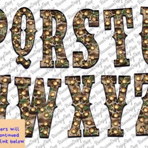 May include: A set of uppercase letters P through Z in a camouflage pattern with gold accents. The letters are outlined in black and have a vintage style.