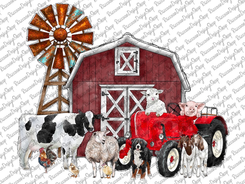 K&ouml;nnte beinhalten: Eine rote Scheune mit einer wei&szlig;en T&uuml;r und Fenstern, eine Windm&uuml;hle, eine Kuh, ein Schaf, ein Hund, eine Ziege und ein Schwein. Die Tiere stehen vor der Scheune und der Windm&uuml;hle. Im Vordergrund befindet sich ein roter Traktor mit einer Ziege und einem Schwein in der Kabine.