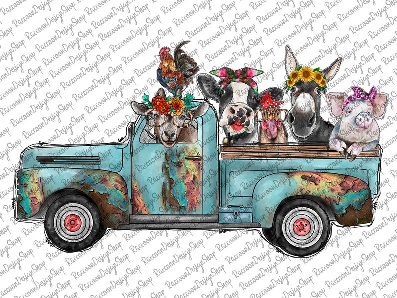 May include: A blue vintage pickup truck with a rooster, a goat, a cow, a donkey, and a pig in the back. The animals are wearing flowers and headbands. The truck is rusty and has a wooden bed.