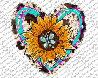 Puede incluir: Un girasol amarillo con piedras preciosas turquesa en el centro, rodeado de un corazón turquesa y rosa sobre un fondo de piel de vaca marrón y blanca.