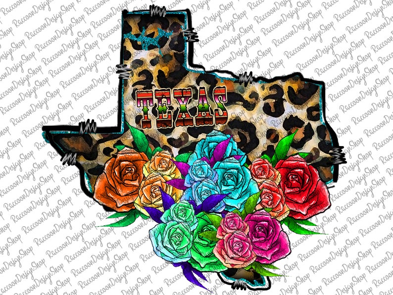 May include: A digital illustration of the state of Texas with a leopard print pattern and the word "TEXAS" in bold letters. The state is surrounded by a bouquet of colorful roses.