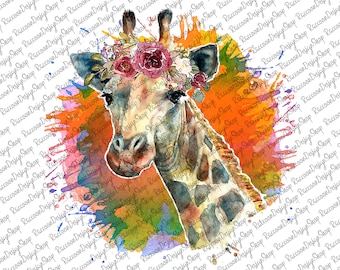 Floral Giraffe Watercolor Clipart, Sublimation PNG (Digital Download)