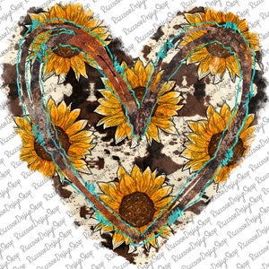 Kuhfellherz Png, Rindsleder und Sonnenblume, Western-Herz, Kuhfellherz PNG, Grafikhintergrund, Sublimationsdesigns Downloads, digitale Kunst