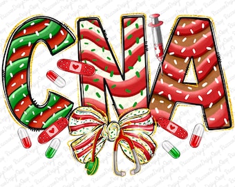 Może przedstawiać: Świąteczna grafika z literami "CNA" w stylu laski cukrowej, z czerwonymi i zielonymi paskami i posypką. Zawiera kokardę, stetoskop, strzykawkę, bandaże i pigułki, wszystko w świątecznym motywie.