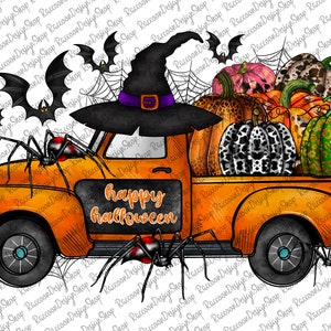 May include: A vintage orange pickup truck with a black witch's hat on the cab, filled with pumpkins and gourds. The truck has a black chalkboard sign that says "happy halloween". There are black spiders and bats on the truck and in the background.