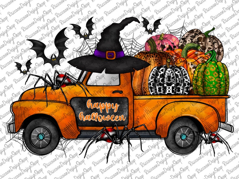 May include: A vintage orange pickup truck with a black witch's hat on the cab, filled with pumpkins and gourds. The truck has a black chalkboard sign that says "happy halloween". There are black spiders and bats on the truck and in the background.