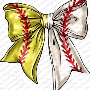 May include: A yellow and white bow with red stitching, resembling a baseball. The bow is tied in a knot and the ends are flowing.
