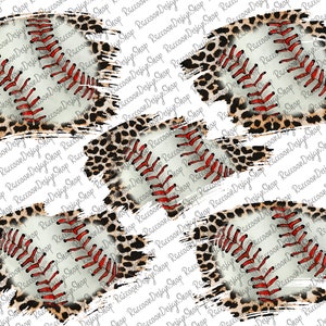 May include: A seamless pattern featuring baseballs with red stitching on a white background. The baseballs are surrounded by a leopard print design with brown and tan spots.