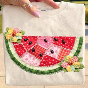 Sandía patchwork PNG, diseño veraniego retro cottagecore, descarga digital