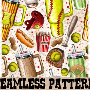 May include: A seamless pattern featuring a variety of softball-themed items, including a baseball bat, a glove, a hot dog, peanuts, and various beverages. The pattern is set against a white background with red and gold accents.